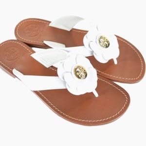 Tory Burch white leather flower flip flops